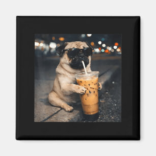Aimant Mème drôle de Pug buvant du café glacé humour de c