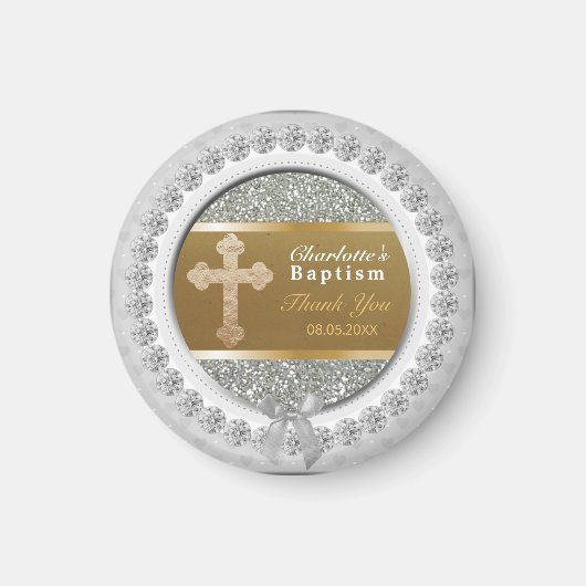Aimant Merci Baptême bébé Keepsaké Gold Cross Argent (Devant)