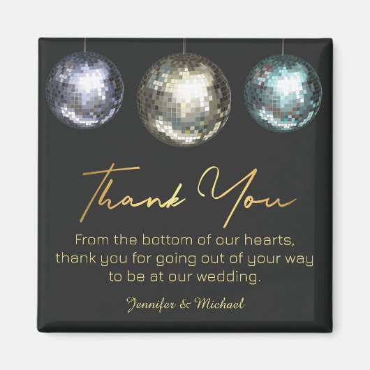 Aimant merci boules de disco noires mariage doré  (Devant)