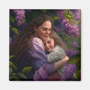 Aimant Mère et enfant enlacé sous Lilac Bush