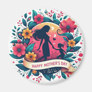 Aimant Mère et fille silhouette florale fête des mères