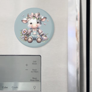 Aimant Mignon bébé vache pastel en salopette avec des fle