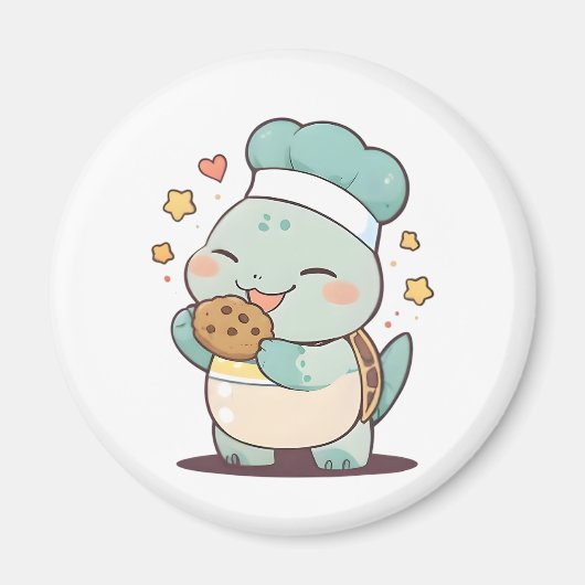 Aimant Mignon Chef Tortue Mangeant un Cookie Design Kawai (Devant)