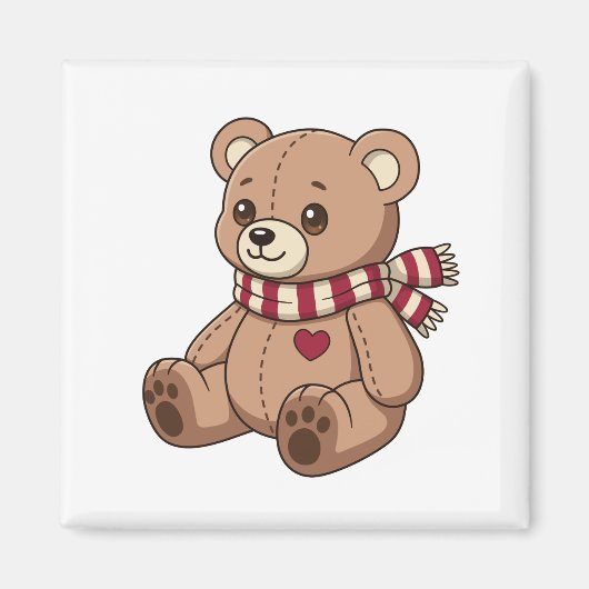Aimant Mignon ours en peluche beige avec écharpe rayée (Devant)