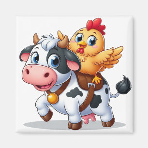 Aimant mignon vache/poulet caricature