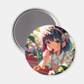 Aimant Mignonne Anime Girl Mange des fraises | Jour d'été (Recto/Verso)