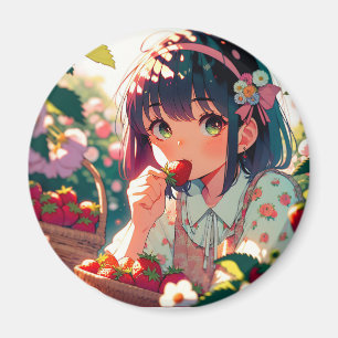 Aimant Mignonne Anime Girl Mange des fraises Jour d'été