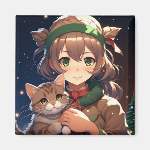 Aimant Mignonne fille Anime tenant un Kitten Noël