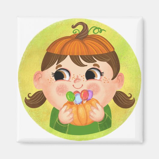 Aimant Mignonne fille en costume d'Halloween Citrouille (Devant)
