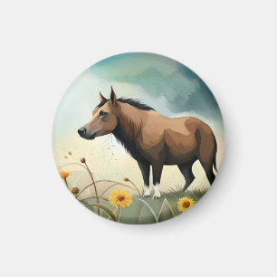 Aimant Mignonne poney brun dans le champ floral