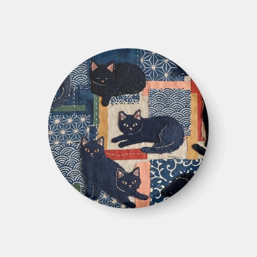 Aimant Mignons chats noirs japonais patchwork (Devant)