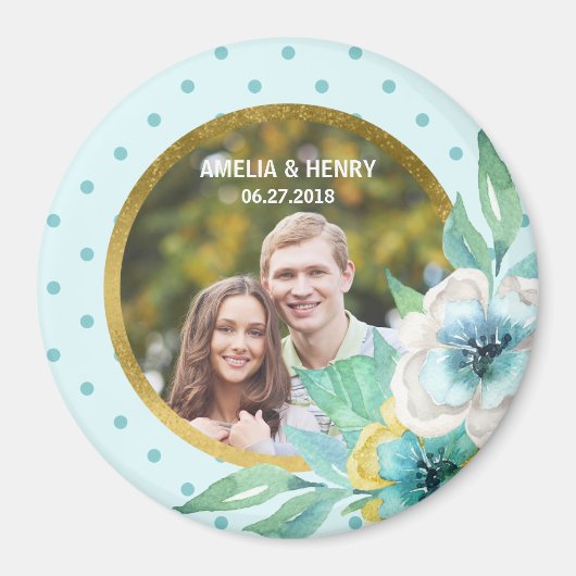 Aimant Mint Faux Gold, Aquarelle Florale Mariage Photo (Devant)