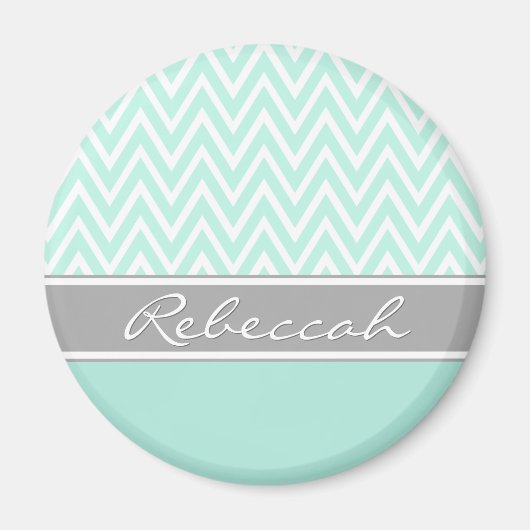 Aimant Mint Green White Chevron Zigzag Motif Grey Nom (Devant)