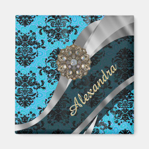 Aimant Modèle bleu personnalisé joli girly damask