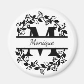 Aimant Modern Black Floral Wreath Split Monogram "M" (Devant)