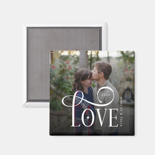 Aimant Modern Script Love Custom Engaged Couples Photo (Recto/Verso)