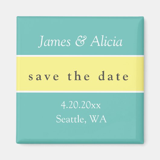 Aimant Moderne Aqua et jaune Save the Date (Devant)