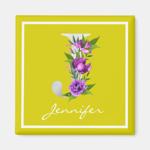 Aimant Moderne jaune blanc métallique Floral J Monogramme
