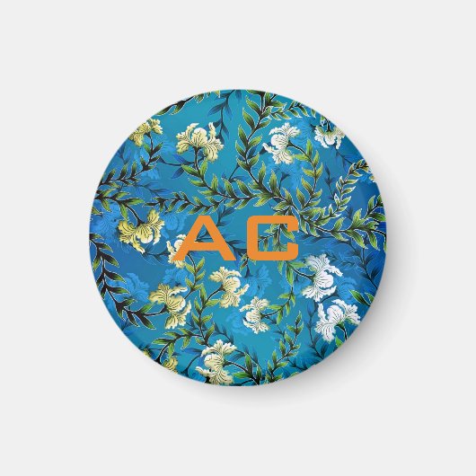 Aimant Moderne Monogramme Bleu Floral Chic (Devant)