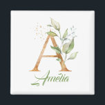Aimant Moderne tendance Un monogramme vert et doré feuill<br><div class="desc">Moderne tendance Un aimant monogramme vert et doré en feuille d'or personnalisé avec nom, peut être utilisé pour la Fête des mariées, Baby shower, Fiançailles Mariage, Anniversaire ou fête d'anniversaire. Le design Extraordinaire présente des feuilles d'eucalyptus vert aquarelle tissés en lettre A et des éclaboussures et éclaboussures en faux or...</div>