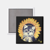 Aimant Monogram, chien du Yorkshire & tournesol sur fond  (Recto/Verso)