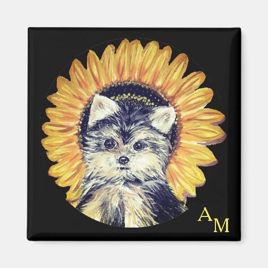 Aimant Monogram, chien du Yorkshire & tournesol sur fond  (Devant)