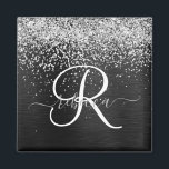Aimant Monogramme à étincelle noire à Parties scintillant<br><div class="desc">Personnalisez facilement ce design élégant et branché d'aimant avec une jolie parties scintillant brillante en argent sur un arrière - plan métallique brossé noir.</div>