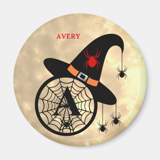 Aimant Monogramme A Halloween Ciel Sorcière Araignées Nom (Devant)