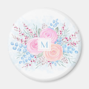 Aimant Monogramme Bouquet d'aquarelle Roses roses Bleues