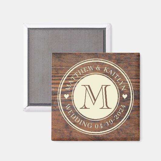 Aimant Monogramme cardiaque Mariage rustique en noix fonc (Recto/Verso)