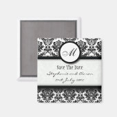 Aimant Monogramme Damas noir et blanc Enregistrer la date (Recto/Verso)