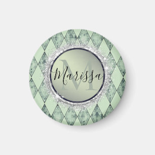 Aimant Monogramme d'arlequin chic à la menthe verte