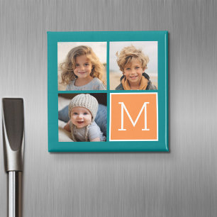 Aimant Monogramme de collage photo orange et bleu