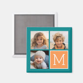 Aimant Monogramme de collage photo orange et bleu (Recto/Verso)