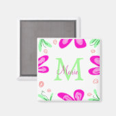 Aimant monogramme de fleur rose ajouter nom lettre feuill (Recto/Verso)
