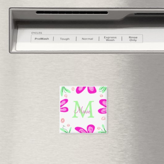 Aimant monogramme de fleur rose ajouter nom lettre feuill (In Situ (Lave-vaisselle))