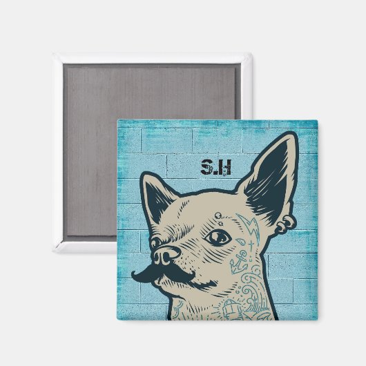 Aimant Monogramme de graffiti Mustache Chihuahua (Recto/Verso)