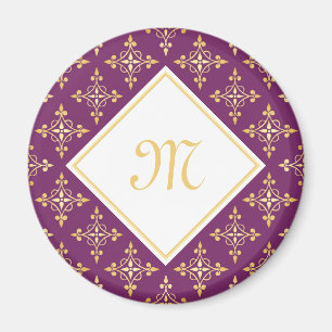 Aimant Monogramme de luxe violet et or Quatre Floral