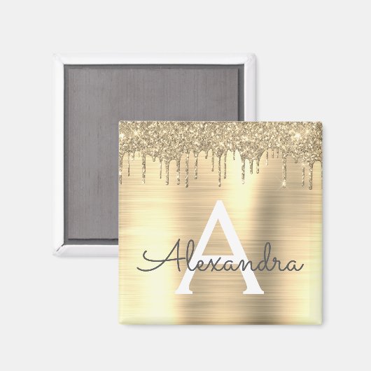 Aimant Monogramme de nom en métal brossé avec paillettes  (Recto/Verso)