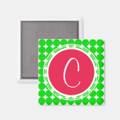Aimant Monogramme de point de polka rouge et vert (Recto/Verso)