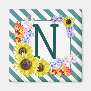 Aimant Monogramme de tournesol Rayures Turquoises