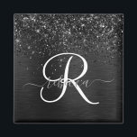 Aimant Monogramme d'étincelle à Parties scintillant noire<br><div class="desc">Personnalisez facilement ce design élégant et branché d'aimant avec une jolie parties scintillant brillante noire sur un arrière - plan métallique brossé noir.</div>