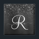 Aimant Monogramme d'étincelle à Parties scintillant noire<br><div class="desc">Personnalisez facilement ce design élégant et branché d'aimant avec une jolie parties scintillant brillante noire sur un arrière - plan métallique brossé noir.</div>
