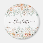 Aimant Monogramme Élégant Floral de Rose Rustique et Feui (Devant)