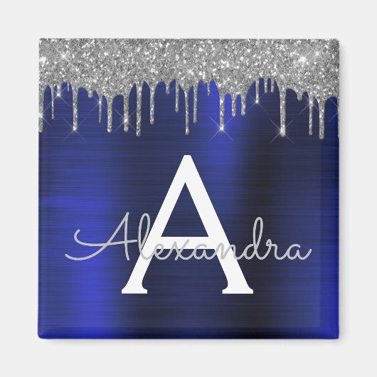 Aimant Monogramme en métal brossé avec paillettes bleu ma (Devant)