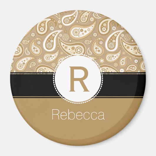 Aimant Monogramme et Motif de nom Retro Golden Paisley (Devant)