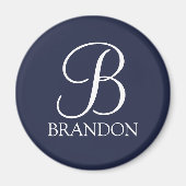 Aimant Monogramme et nom de script personnalisé bleu mari (Devant)