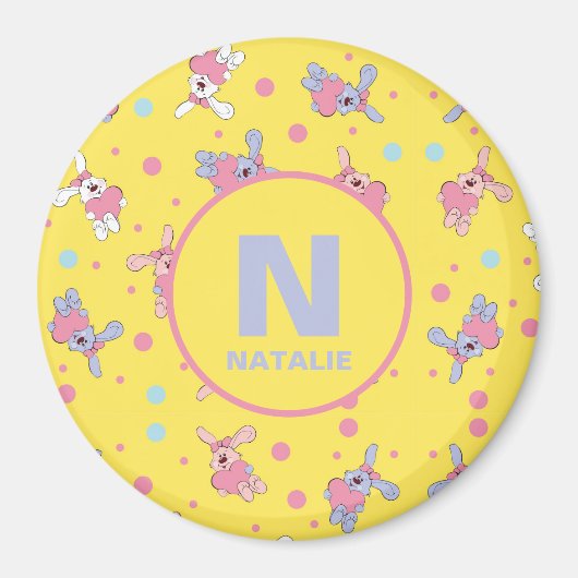 Aimant Monogramme et nom des lapins enfants sur jaune (Devant)