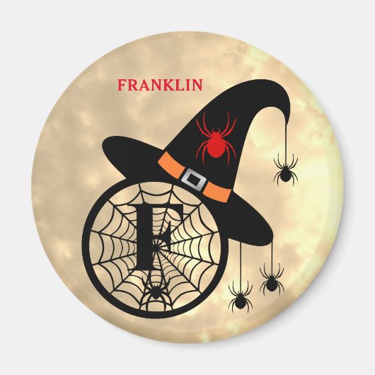 Aimant Monogramme F Halloween Sky Witch Nom des araignées (Devant)