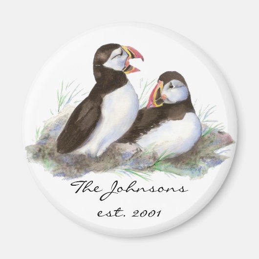 Aimant Monogramme familial personnalisé Cute Puffins (Devant)